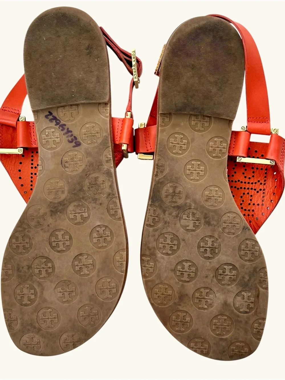 Tory Burch Daniela Sandals 8.5 Orange Leather Perforated Logo Thong Sandals
